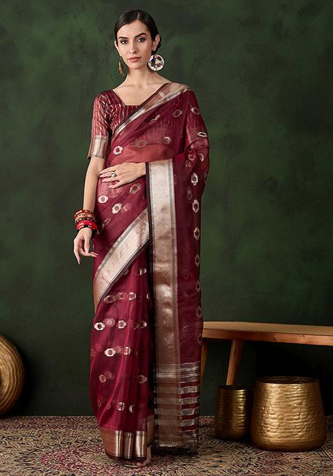Maroon Zari Woven Organza Saree Set