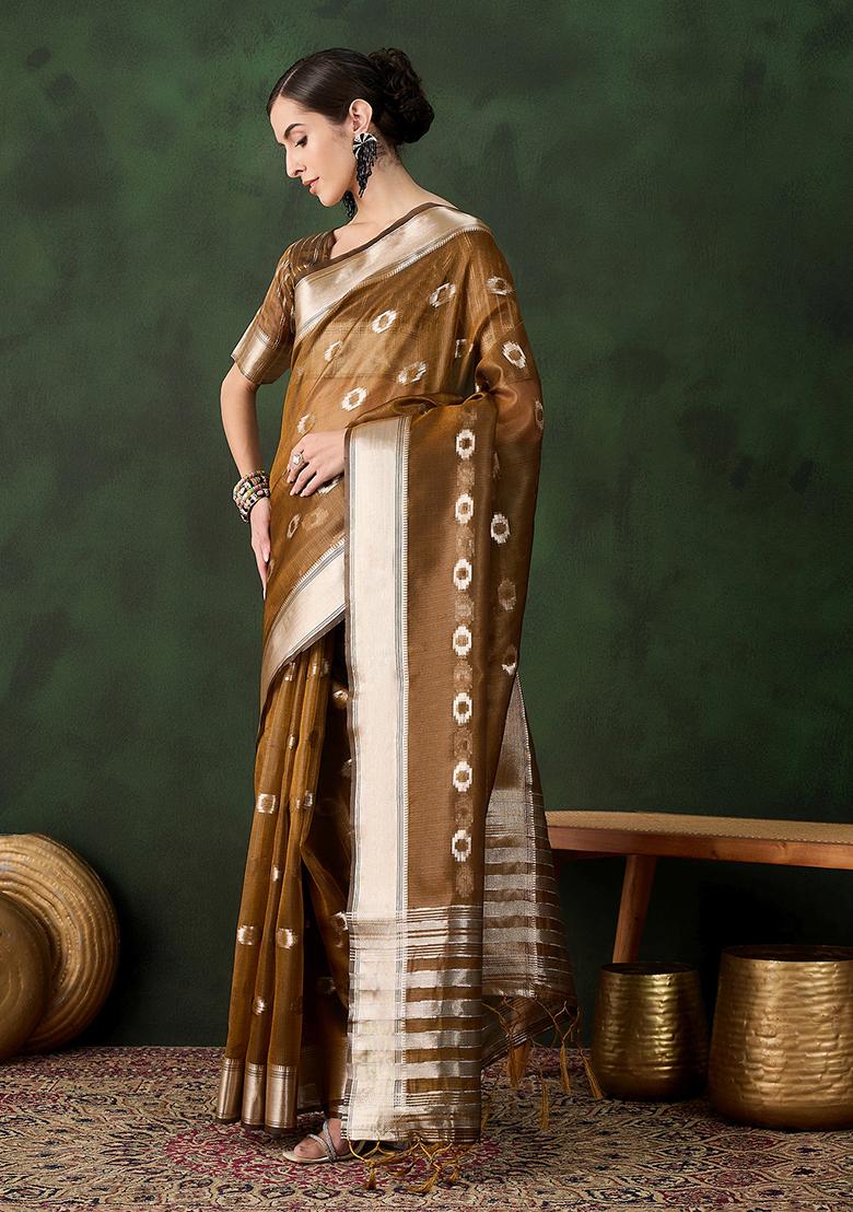 Mustard Zari Woven Organza Saree Set