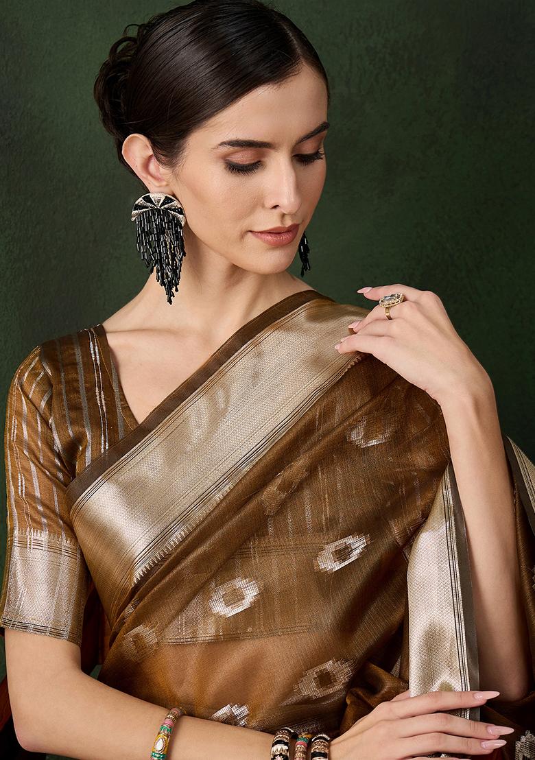 Mustard Zari Woven Organza Saree Set