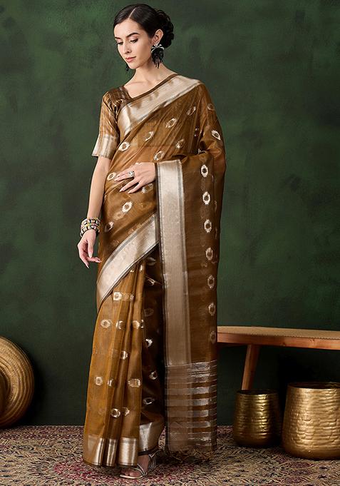 Mustard Zari Woven Organza Saree Set