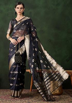 Navy Blue Zari Woven Organza Saree Set