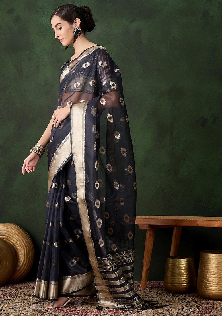 Navy Blue Zari Woven Organza Saree Set