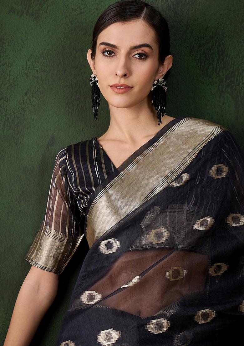 Navy Blue Zari Woven Organza Saree Set