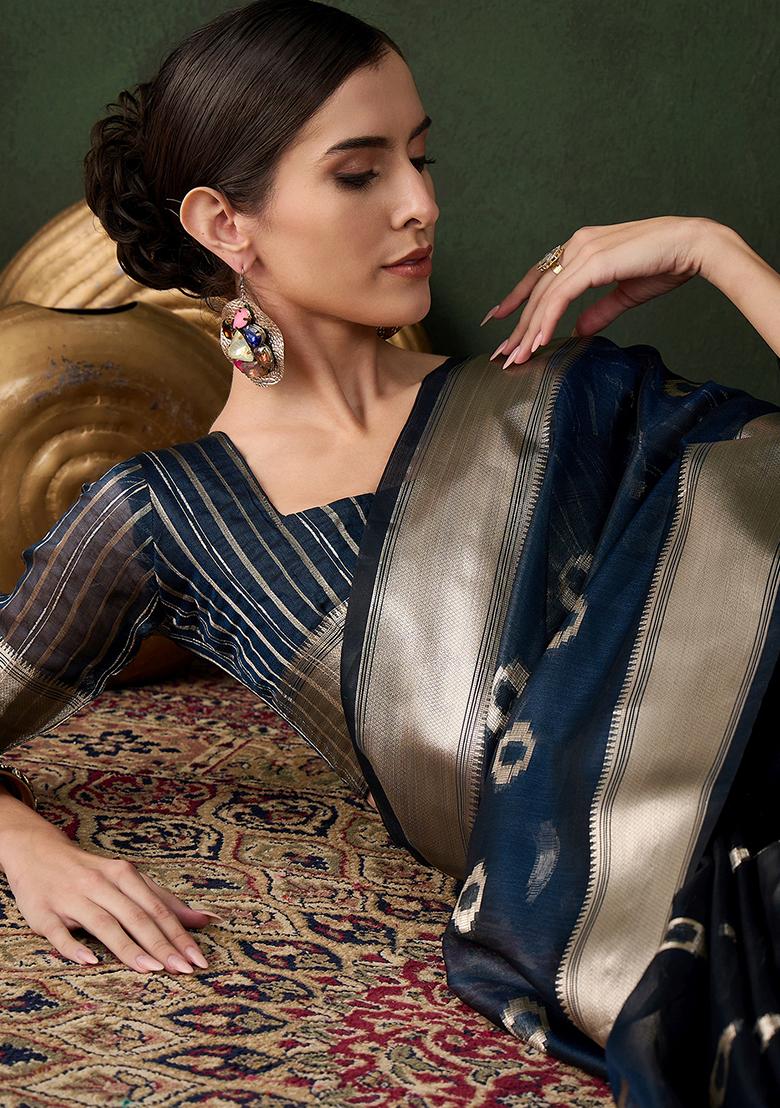 Teal Zari Woven Organza Saree Set