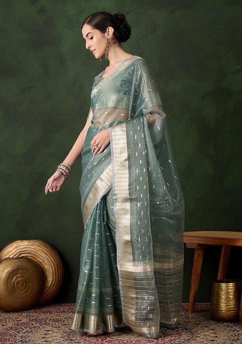 Green Zari Woven Organza Saree Set