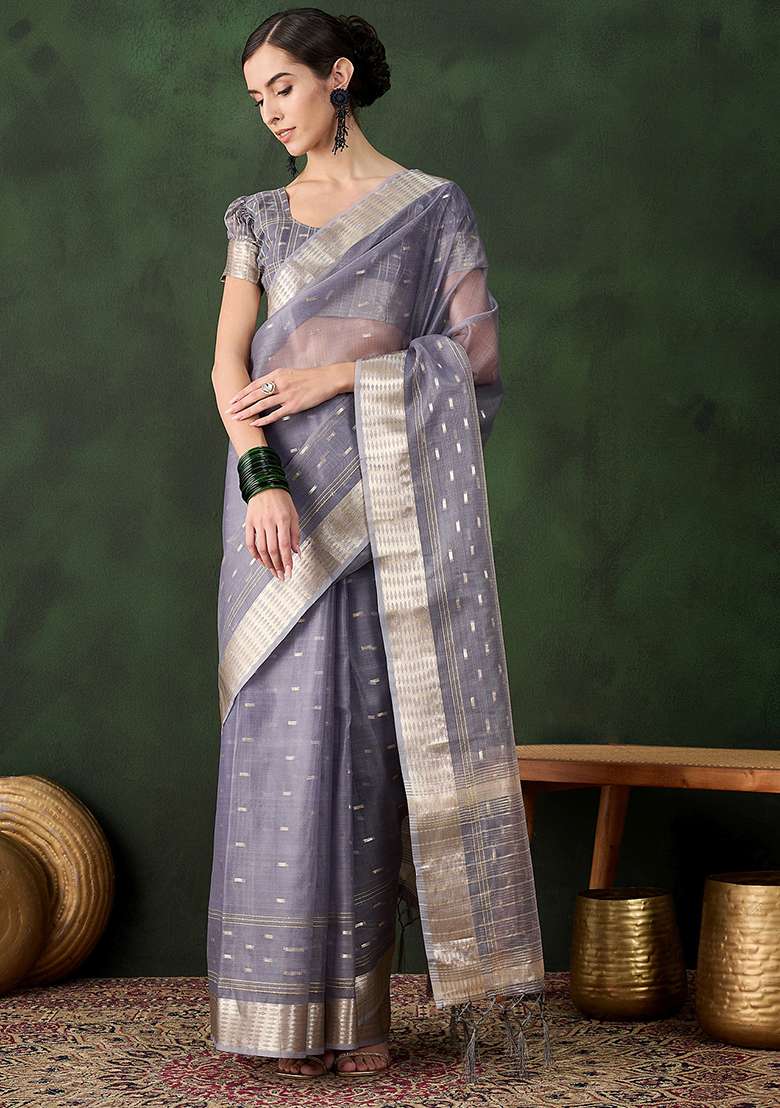 Grey Zari Woven Organza Saree Set - Indya