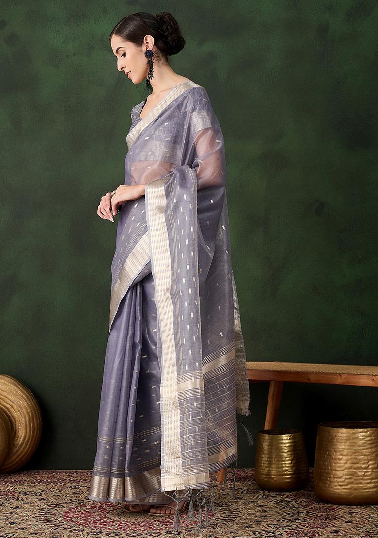 Grey Zari Woven Organza Saree Set