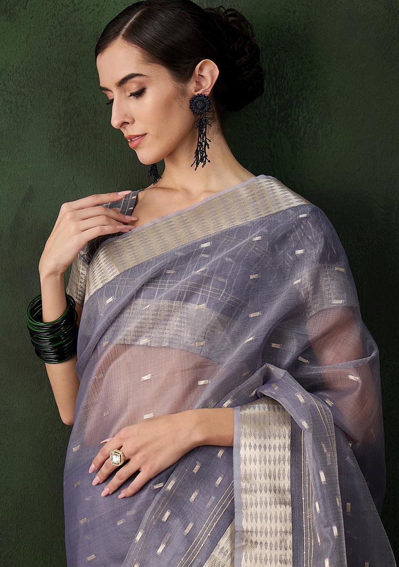 Grey Zari Woven Organza Saree Set
