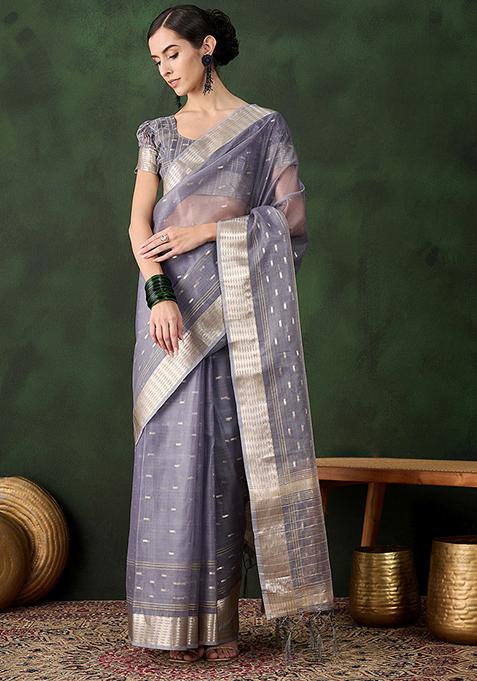 Grey Zari Woven Organza Saree Set