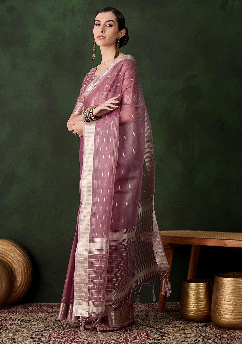 Mauve Zari Woven Organza Saree Set