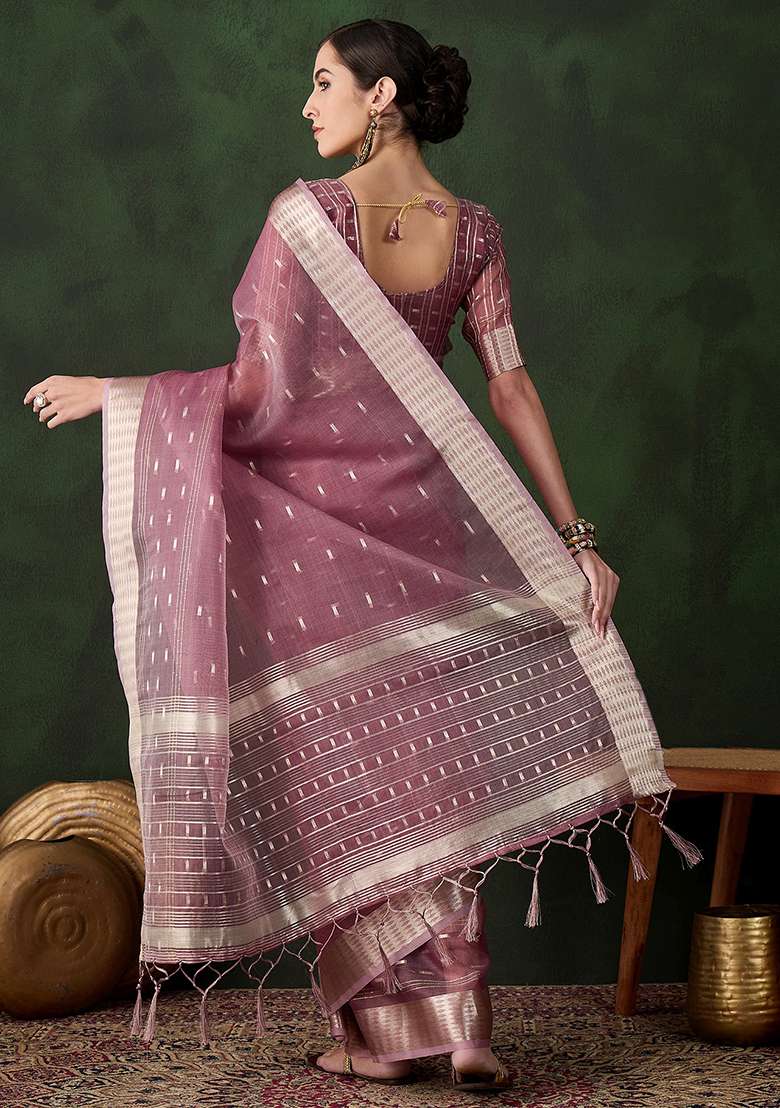 Mauve Zari Woven Organza Saree Set - Indya