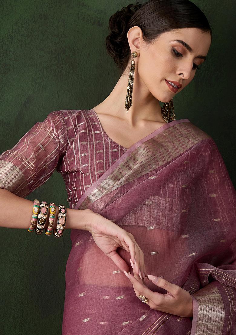 Mauve Zari Woven Organza Saree Set