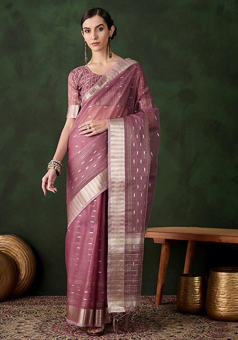 Mauve Zari Woven Organza Saree Set