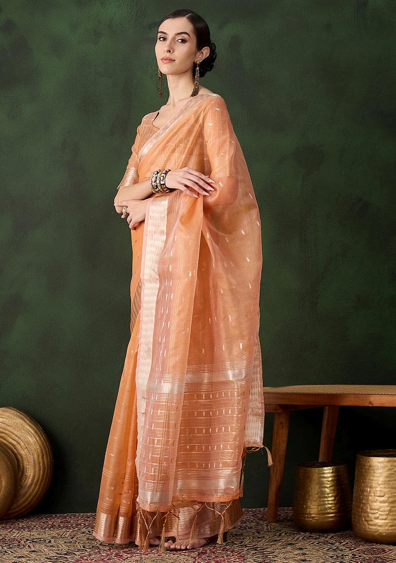 Peach Zari Woven Organza Saree Set
