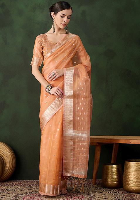 Peach Zari Woven Organza Saree Set