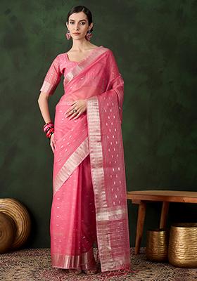 Pink Zari Woven Organza Saree Set