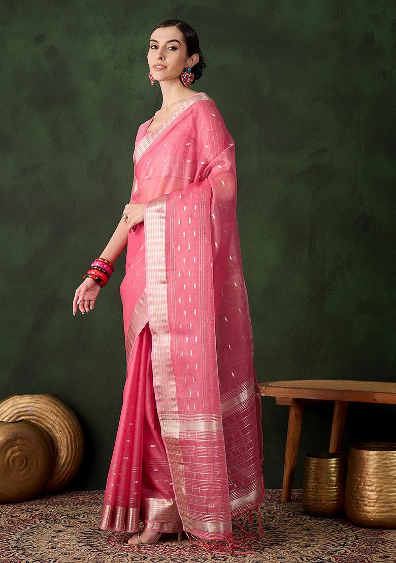 Pink Zari Woven Organza Saree Set