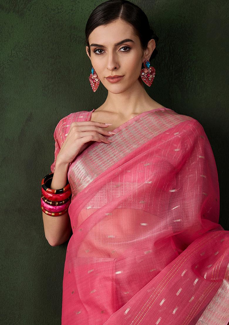 Pink Zari Woven Organza Saree Set