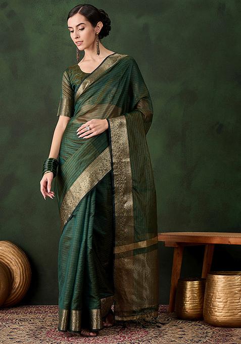 Green Zari Woven Organza Saree Set