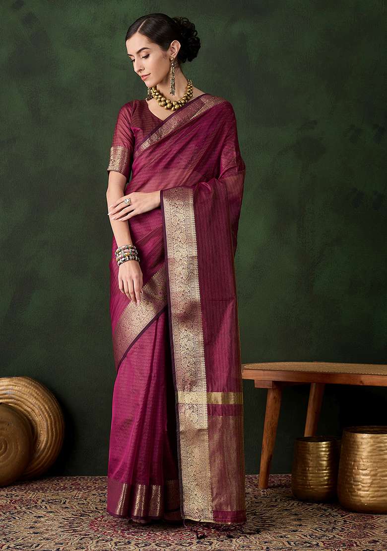 Magenta Zari Woven Organza Saree Set - Indya