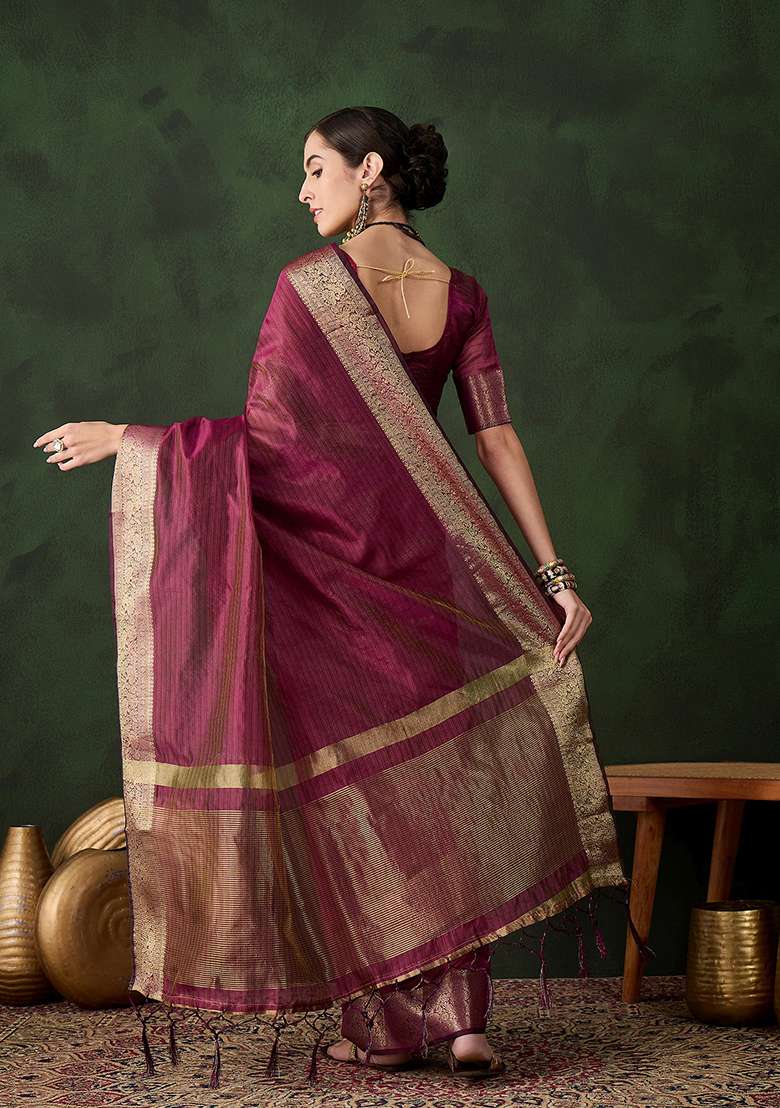 Magenta Zari Woven Organza Saree Set - Indya