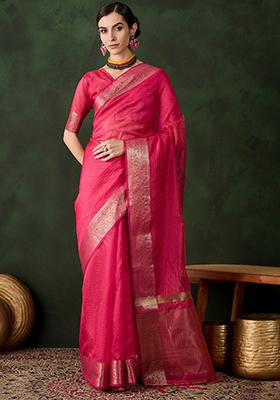 Pink Zari Woven Organza Saree Set