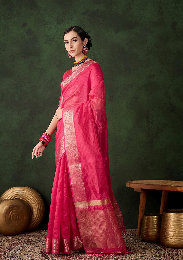 Pink Zari Woven Organza Saree Set