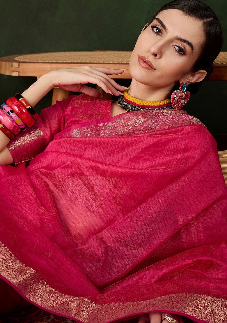 Pink Zari Woven Organza Saree Set