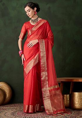 Red Zari Woven Organza Saree Set