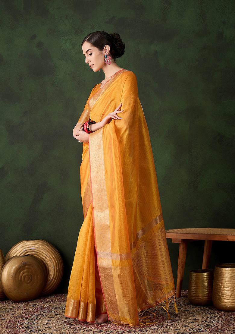 Yellow Zari Woven Organza Saree Set