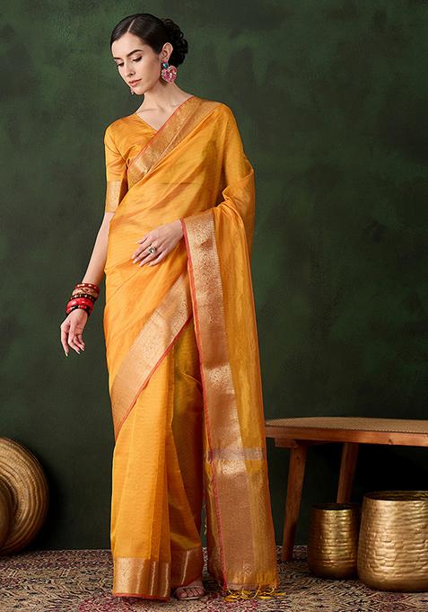 Yellow Zari Woven Organza Saree Set
