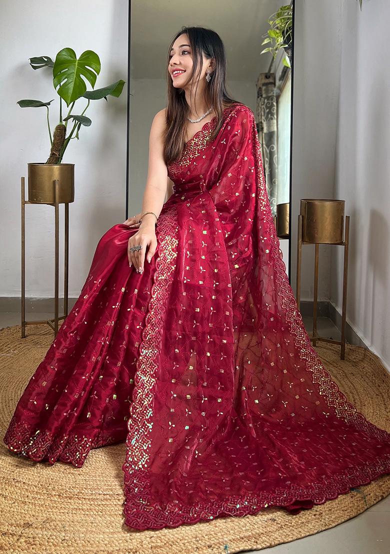 Maroon Sequin Work Art Silk Saree Set