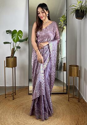 Purple Sequin Work Art Silk Saree Set