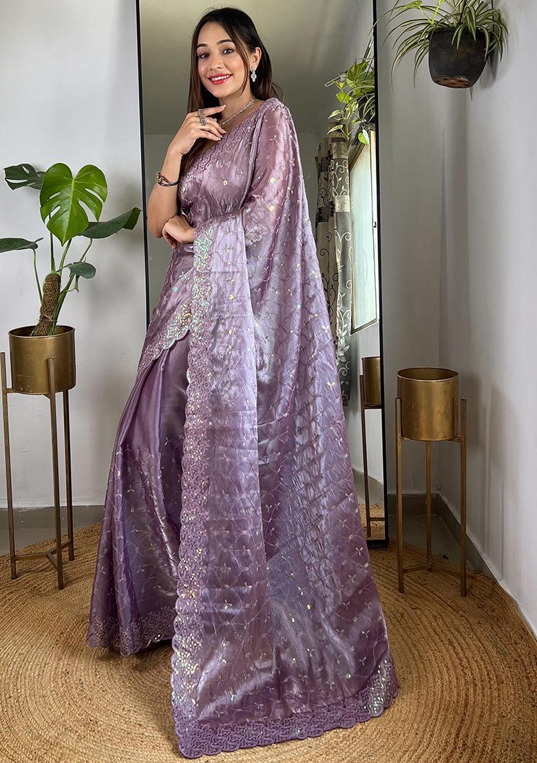 Purple Sequin Work Art Silk Saree Set
