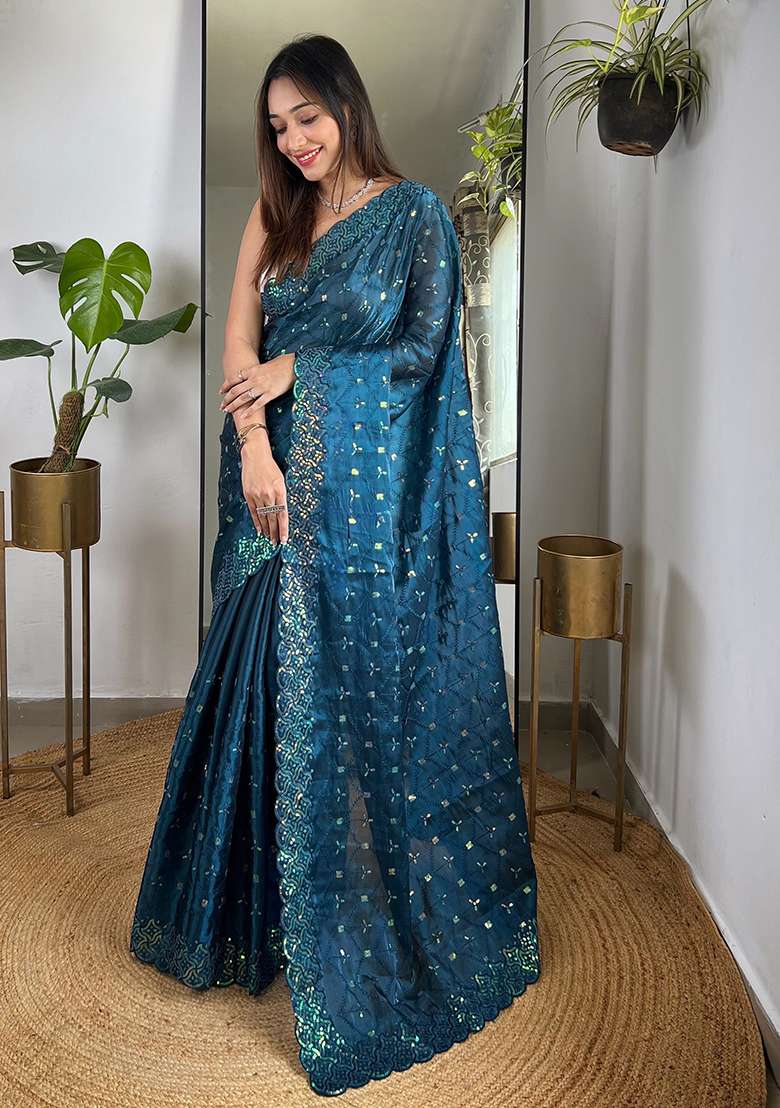 Teal Work Art Silk Saree Set with Sequin for Diwali | Wedding & Festive Wear - Indya