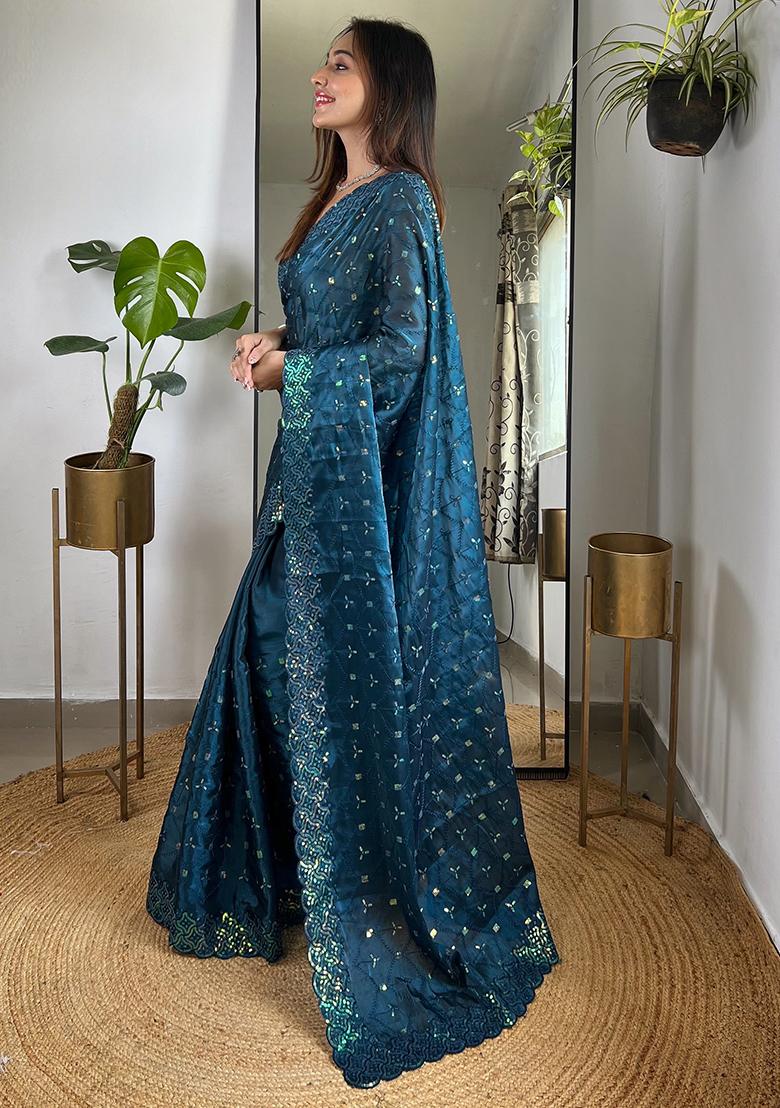 Teal Sequin Work Art Silk Saree Set