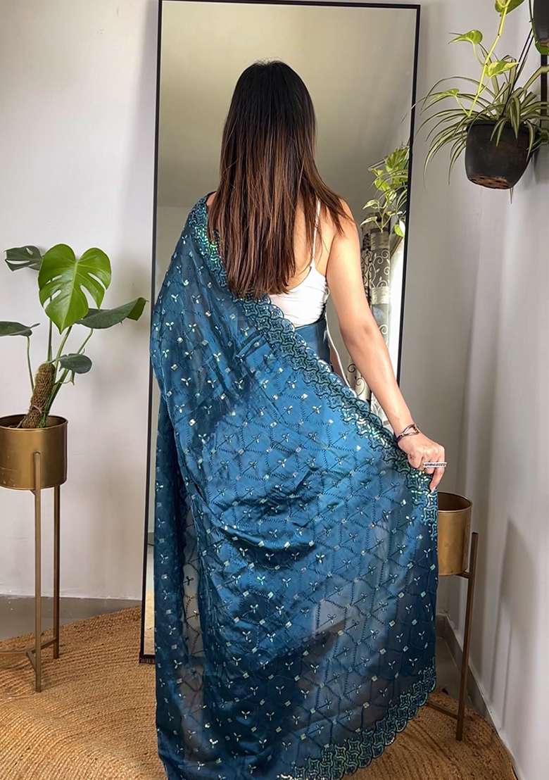 Teal Work Art Silk Saree Set with Sequin for Diwali | Wedding & Festive Wear - Indya