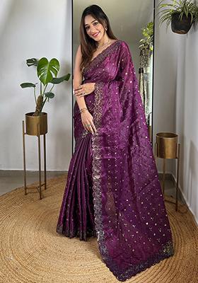 Wine Sequin Work Art Silk Saree Set