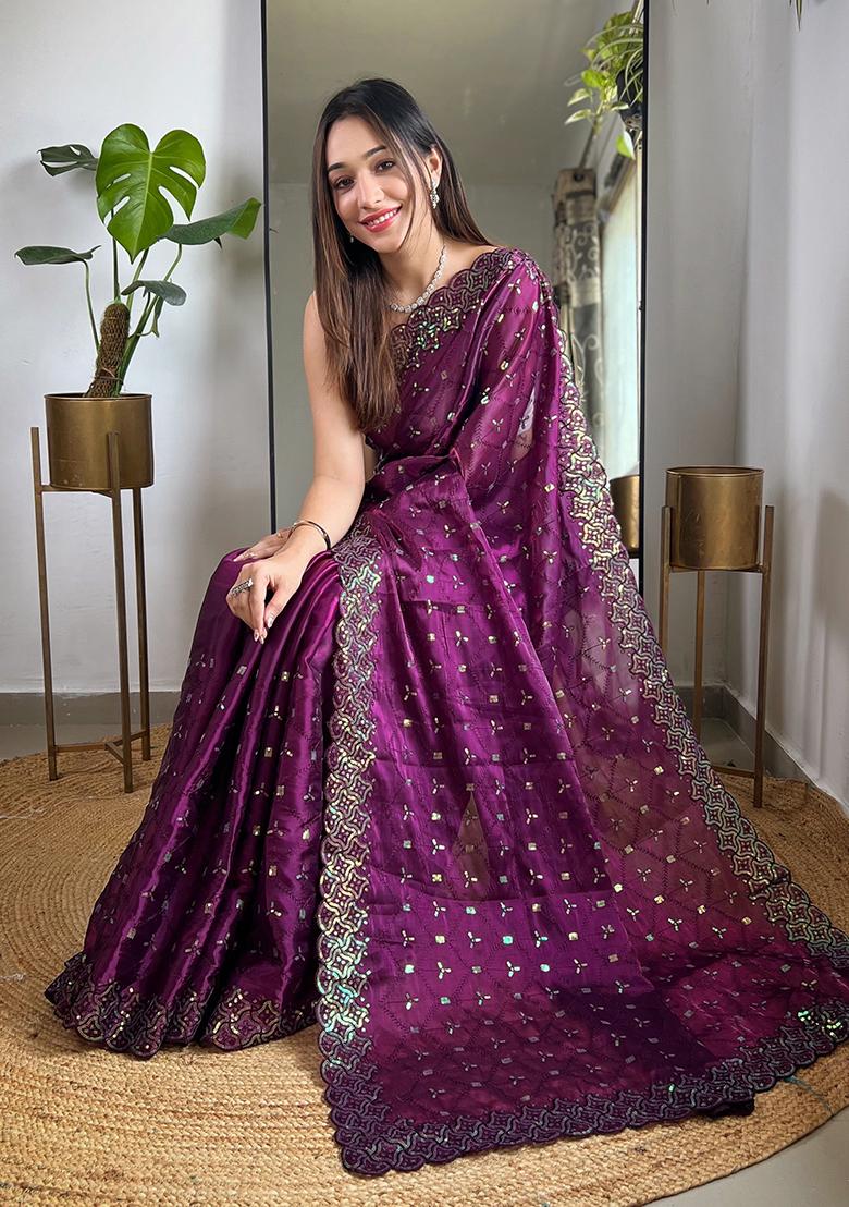 Wine Sequin Work Art Silk Saree Set