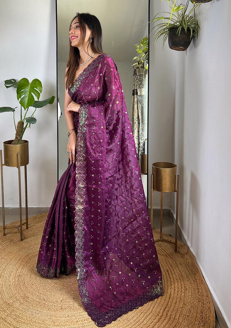 Wine Sequin Work Art Silk Saree Set