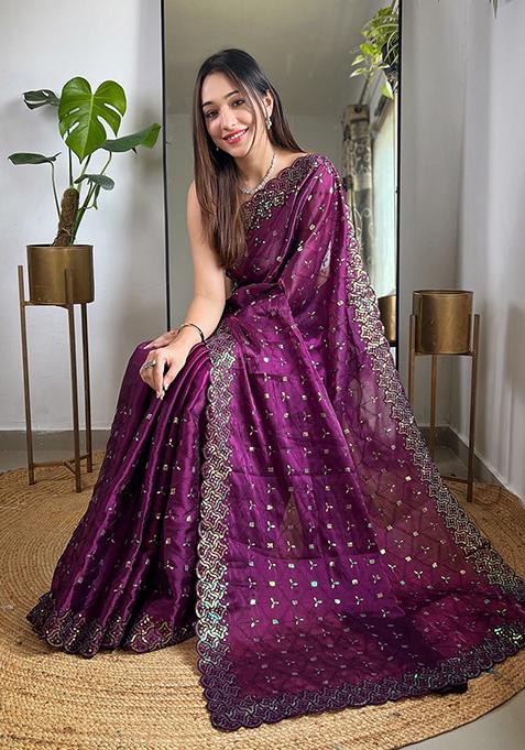Wine Sequin Work Art Silk Saree Set