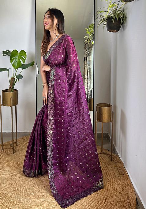 Wine Sequin Work Art Silk Saree Set
