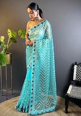 Blue Embroidered Net Saree Set