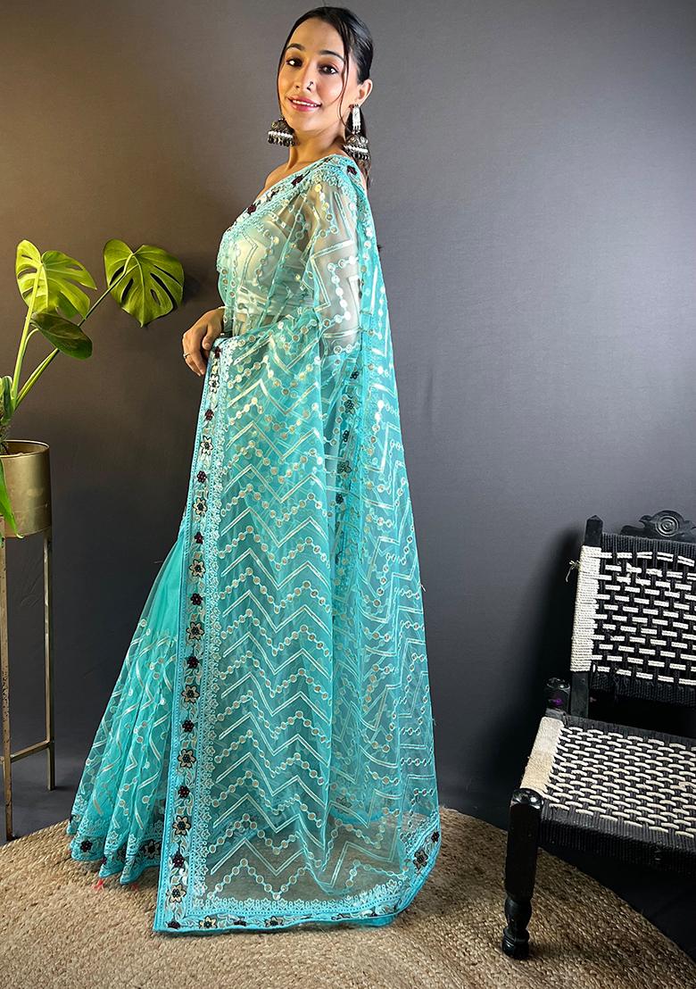 Blue Embroidered Net Saree Set
