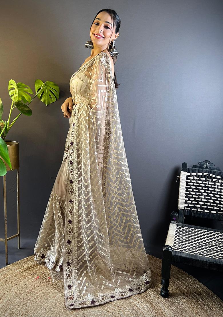 Beige Embroidered Net Saree Set