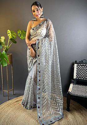 Grey Embroidered Net Saree Set