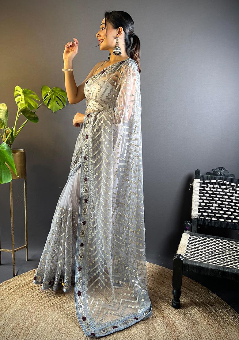 Grey Embroidered Net Saree Set