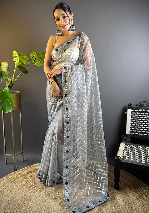 Grey Embroidered Net Saree Set