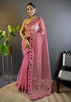 Pink Embroidered Net Saree Set