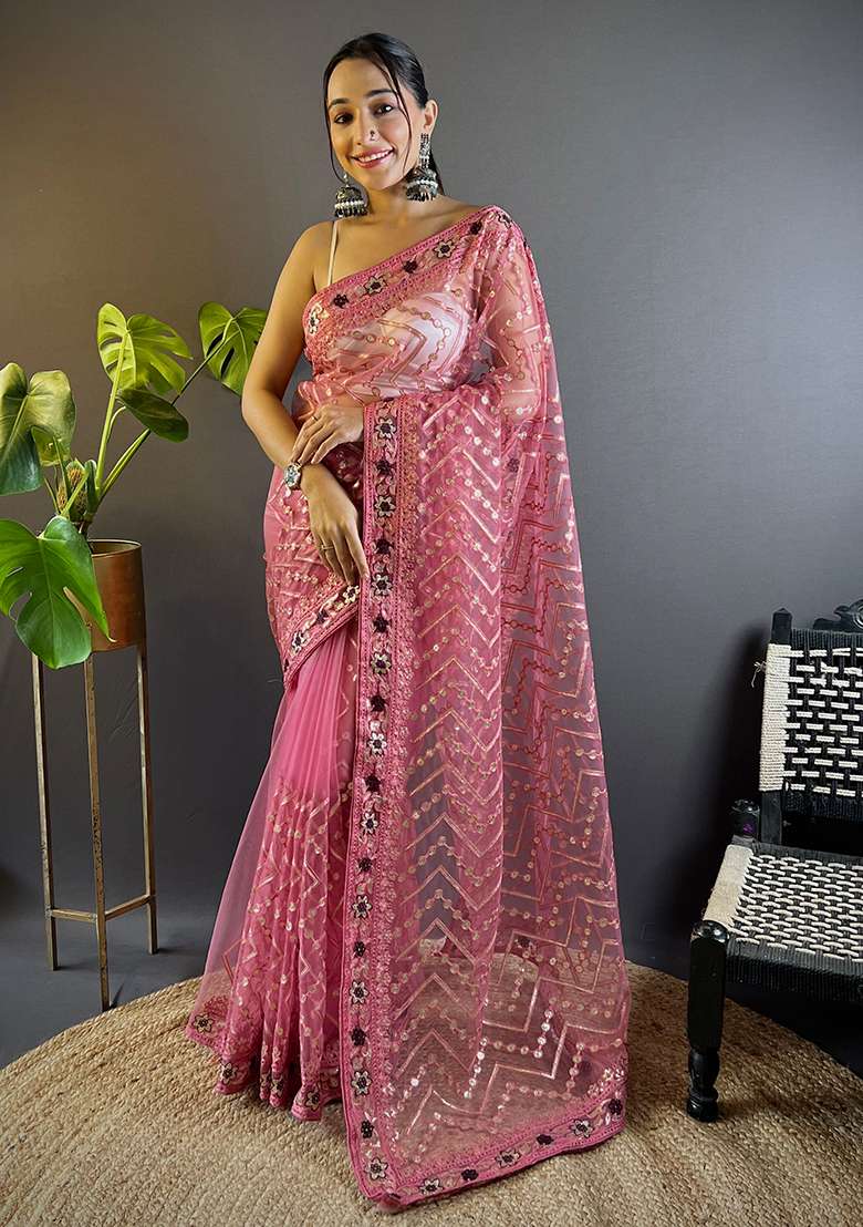 Pink Net Saree Set with Embroidered for Diwali | Wedding & Festive Wear - Indya